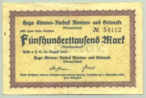 (1028477) 500.000 Mark Hugo Stinnes-Riebeck Montan- und Oelwerke, Halle 1923
