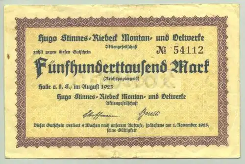 () 500.000 Mark Hugo Stinnes-Riebeck Montan- und Oelwerke, Halle 1923