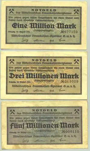 (1028479) 3 x Geldscheine. Leipzig Kohle-Bergbau 1, 3, 5 Millionen Mark 1923