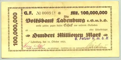 () 100 Millionen Reichsmark 1923 Ladenburg # Inflation # nlvnoten