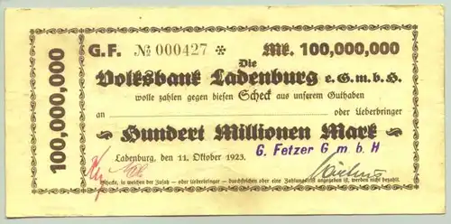 () 100 Millionen Reichsmark 1923 Ladenburg # Inflation # nlvnoten