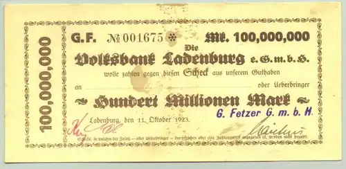 () 100 Millionen Reichsmark 1923 Ladenburg # Inflation # nlvnoten