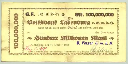 () 100 Millionen Reichsmark 1923 Ladenburg # Inflation # nlvnoten