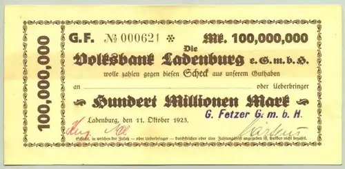 () 100 Millionen Reichsmark 1923 Ladenburg # Inflation # nlvnoten