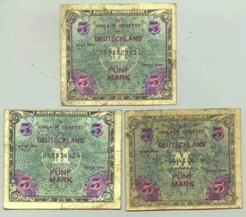 ! Neu : Versandkosten ab Euro 1,25  () 3 x 5 Mark Deutschland. Alliierte Militärbehörde. Serie 1944. Umlaufspuren. # Banknoten # Geldscheine 