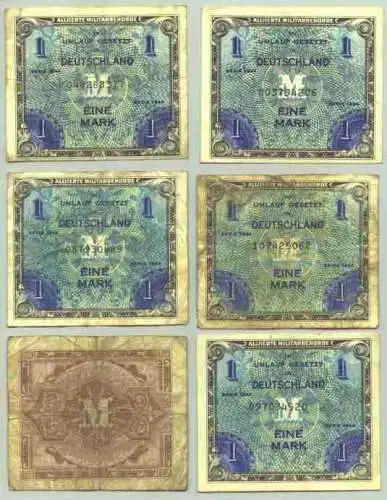 ! Neu : Versandkosten ab Euro 1,25 () 6 x 1 Mark Deutschland. Alliierte Militärbehörde. Serie 1944. Umlaufspuren - siehe bitte Bilder. # Banknoten # Geldscheine 