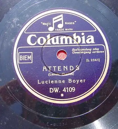 (3001029) Lucienne Boyer. Columbia. Alte Schellack-Schallplatte. Siehe bitte Beschreibung u. Bilder
