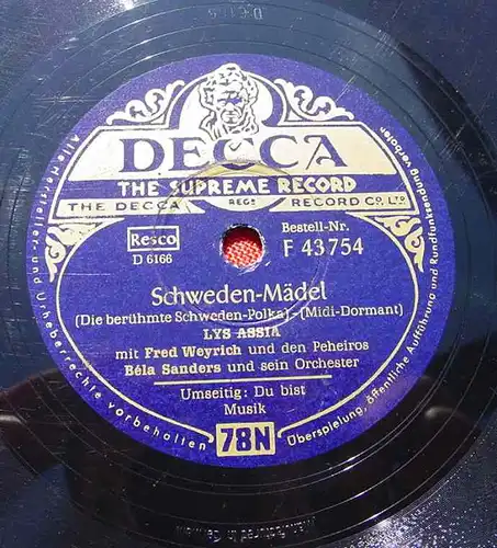 (3001031) Lys Assia. Béla Sanders u. sein Orchester. Decca Schellack-Schallplatte. Siehe bitte Beschreibung u. Bilder