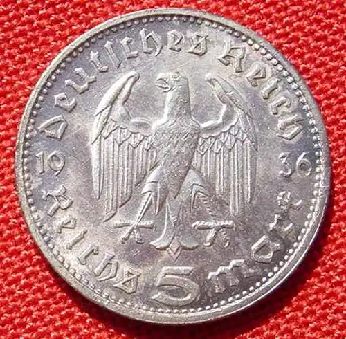 (1030556) Deutsches Reich 5 Reichsmark 1936 - G. Hindenburg, Drittes Reich. Silbermuenze