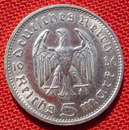 (1030557) Deutsches Reich 5 Reichsmark 1936 - G. Hindenburg, Drittes Reich. Silbermuenze