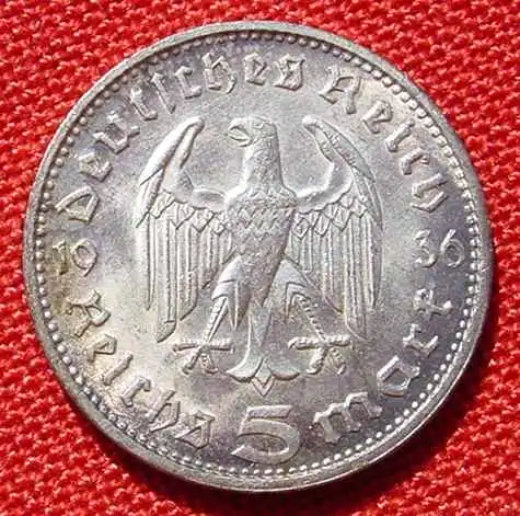 (1030558) Deutsches Reich 5 Reichsmark 1936 - G. Hindenburg, Drittes Reich. Silbermuenze