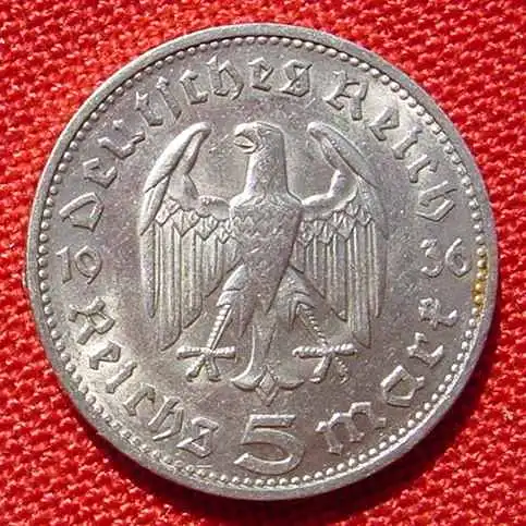 (1030560) Deutsches Reich 5 Reichsmark 1936 - J. Hindenburg, Drittes Reich. Silbermuenze