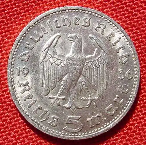 (1030561) Deutsches Reich 5 Reichsmark 1936 - J. Hindenburg, Drittes Reich. Silbermuenze