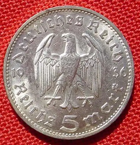 (1030562) Deutsches Reich 5 Reichsmark 1936 - J. Hindenburg, Drittes Reich. Silbermuenze
