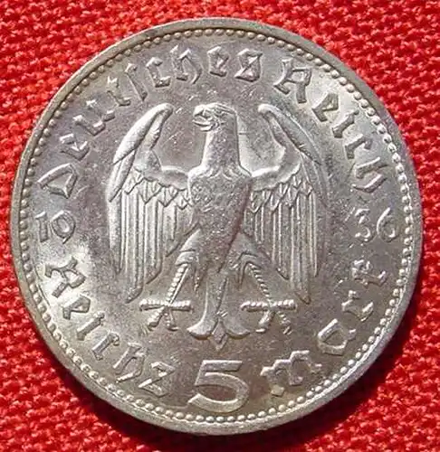 () Deutsches Reich 5 Reichsmark 1936 - J. Hindenburg, Drittes Reich. Silbermuenze