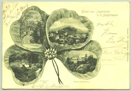 (64342011) Gruss aus Jugenheim a. d. Bergstrasse, 1900, Kleeblatt-Ansichtskarte
