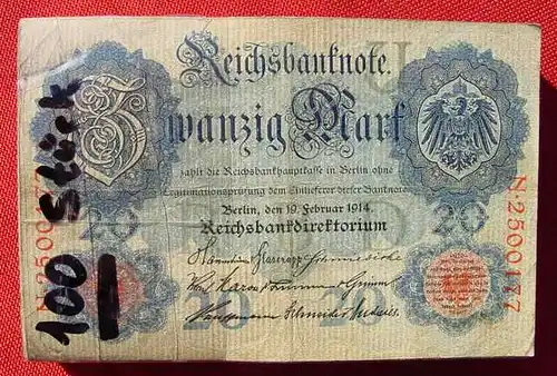 () 100 Banknoten zu je 20 Reichsmark, meist 1914. Berlin. Deutsches Reich. Geldscheine Originale