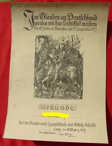(2001645) Grosse Urkunde (Format ca. 30 x 41 cm !) Schulbesuch 1937. Mit Hitlerworten 
