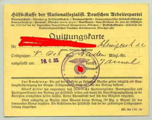 (2002647) Quittungskarte. Hilfskasse der NSDAP. Ausgestellt 19. 6. 1935, mit Beitragsmarken