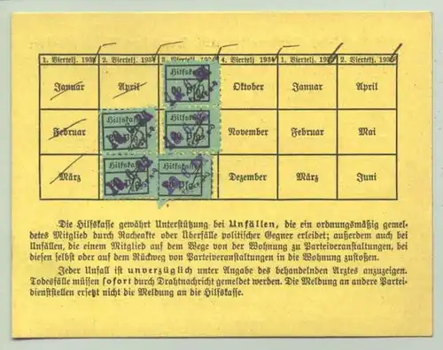 () Quittungskarte. Hilfskasse der NSDAP. Ausgestellt 19. 6. 1935, mit Beitragsmarken