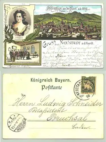 Ansichtskarte "Gruss aus Neustadt a. d. Haardt". Marke u. Stempel v. 1898. Verlag Wilh. Marnet, Neustadt a. d. Haardt. (67 433-011)