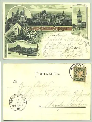 Ansichtskarte "Gruss aus Speyer" mit Marke u. Stempel v. 1901. Lith. Kunstanstalt C. Rücker Speier. (intern : 67 346-011 / 0081960)