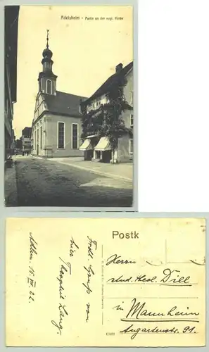 (74740-291) Ansichtskarte "Adelsheim - Partie an der evgl. Kirche". 1922, Marke gelöst, H. Rubin   Co., Dresden-Blasewitz