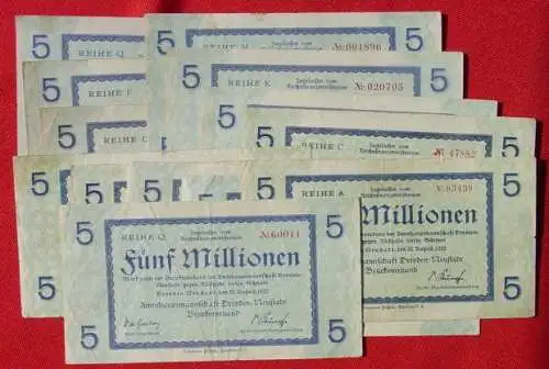 NEU : Versandkosten ab Euro 2,50 / BRD. (intern 1028003) 13 x originale Geldscheine der Amtshauptmannschaft Dresden-Neustadt. Zugelassen vom Reichsfinanzministerium. 13 x 5 Millionen Mark vom 25. 8. 1923. Gebrauchsspuren, aber nichts zerrissen und...