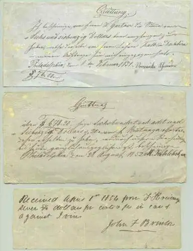 Neu : Versandkosten ab Euro 1,50 () 3 x uralte Geld-Quittungen von USA 1851-1854. ... siehe bitte ausführlich in der Beschreibung ...