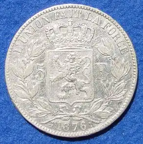 () Belgien. 5 Francs 1876. Grosse Silbermuenze.  KM 24