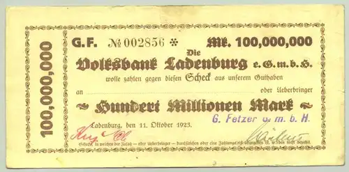 (1017863) Banknote / Scheck ueber 100 Millionen Mark. Ladenburg 1923