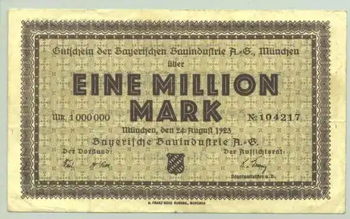 () Geldschein 1 Million Mark, Muenchen 24. 8. 1923. (# PLZ 80335)