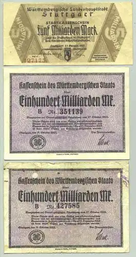 () 3 x Inflationsgeld, Stuttgart 1923 Geldscheine