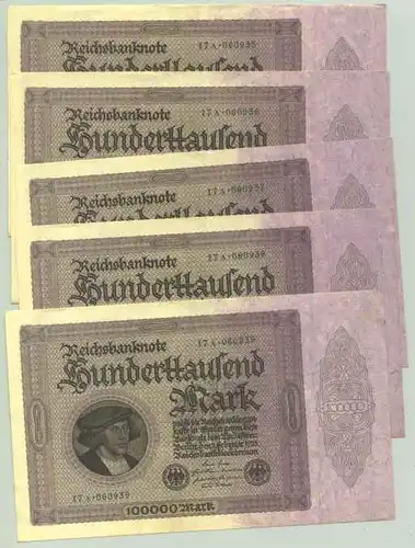 (1028366) 5 x 100.000 Reichsmark 1923, Ro. 82 d, Geldscheine, TOP Zustand !