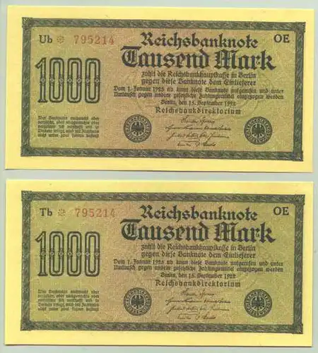 (1038441) 2 x 1.000,- Reichsmark 1922 mit gleichen Ziffern ! Original-Banknoten !