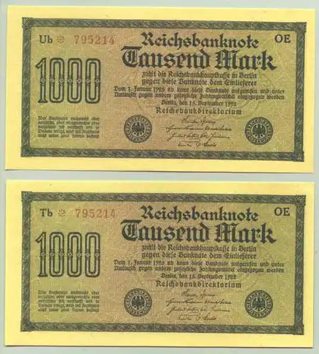 () 2 x 1.000,- Reichsmark 1922 mit gleichen Ziffern ! Original-Banknoten !