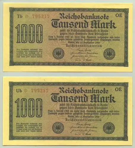 (1038442) 2 x 1.000,- Reichsmark 1922 mit gleichen Ziffern ! Original-Banknoten !