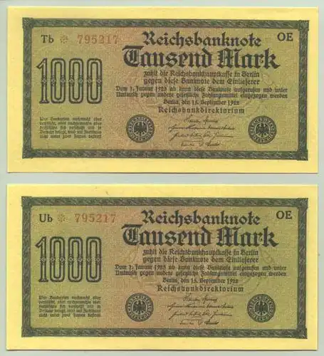 () 2 x 1.000,- Reichsmark 1922 mit gleichen Ziffern ! Original-Banknoten !