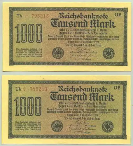 (1038443) 2 x 1.000,- Reichsmark 1922 mit gleichen Ziffern ! Original-Banknoten !