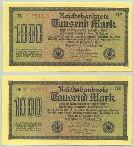 () 2 x 1.000,- Reichsmark 1922 mit gleichen Ziffern ! Original-Banknoten !