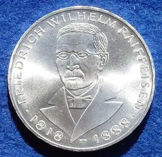 () 5 DM 1968 - J. Friedrich Wilhelm Raiffeisen. Silber-Gedenkmuenze. Deutschland