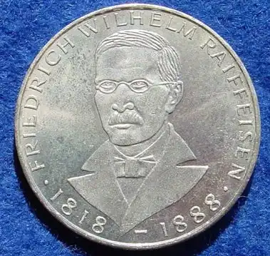 () 5 DM 1968 - J. Friedrich Wilhelm Raiffeisen. Silber-Gedenkmuenze. Deutschland