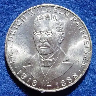 () 5 DM 1968 - J. Friedrich Wilhelm Raiffeisen. Silber-Gedenkmuenze. Deutschland