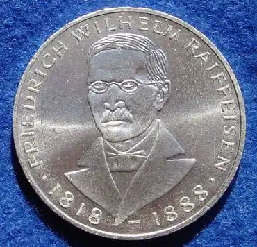 () 5 DM 1968 - J. Friedrich Wilhelm Raiffeisen. Silber-Gedenkmuenze. Deutschland