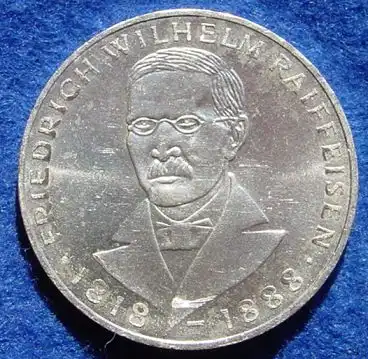 () 5 DM 1968 - J. Friedrich Wilhelm Raiffeisen. Silber-Gedenkmuenze. Deutschland