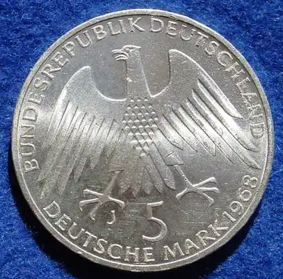 () 5 DM 1968 - J. Friedrich Wilhelm Raiffeisen. Silber-Gedenkmuenze. Deutschland