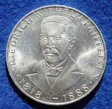 () 5 DM 1968 - J. Friedrich Wilhelm Raiffeisen. Silber-Gedenkmuenze. Deutschland