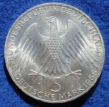 () 5 DM 1968 - J. Friedrich Wilhelm Raiffeisen. Silber-Gedenkmuenze. Deutschland