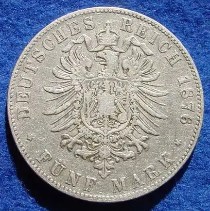 () Original 5 Reichsmark 1876 BADEN Kaiserreich, grosse Silbermuenze. 900-er Silber, Deutsches Reich