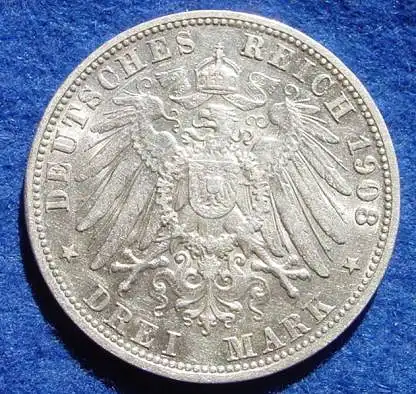 () Kaiserreich, Bayern 3 Mark 1908, Reichsmark, Silbermuenze, Otto Koenig von Bayern